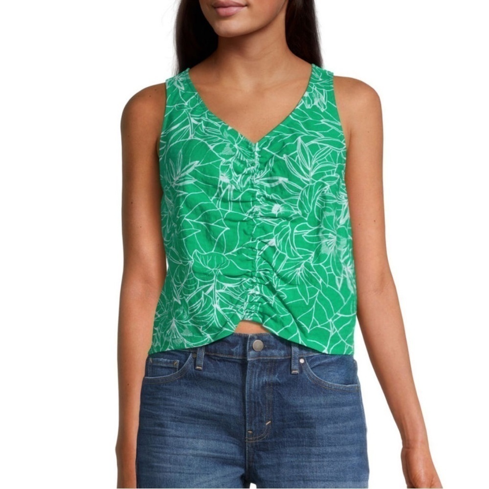 a.n.a Womens V Neck Sleeveless Tank Top tropical ruched Size XS